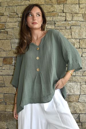 Andi Basket Linen Blend Top Khaki